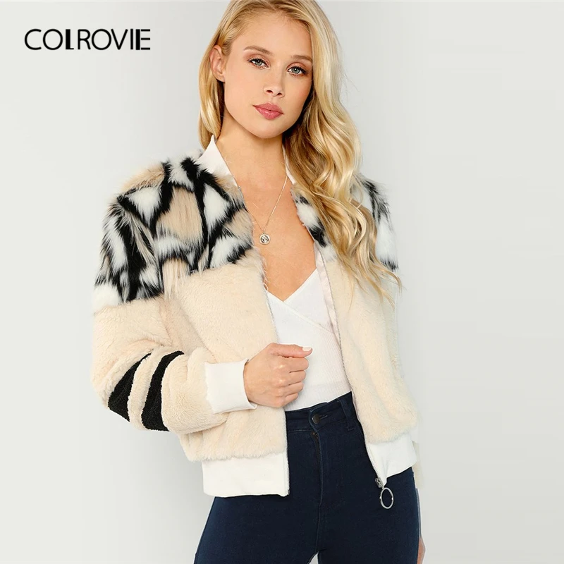 COLROVIE/пальто из искусственного меха на молнии с круглым кольцом, Женское пальто с воротником-стойкой, Гламурное,, осенне-зимнее теплое пальто, модная разноцветная верхняя одежда
