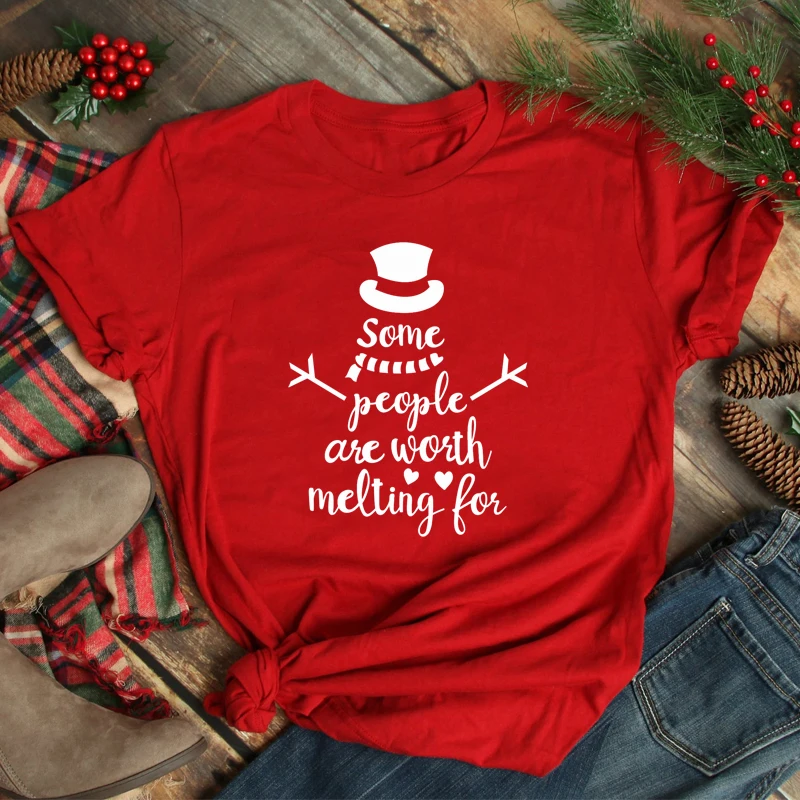 

Some People Are Worth Melting For T-shirt Cute Women Graphic Holiday Gift Tshirt Winter Short Sleeve Christmas Snowman Top Tee