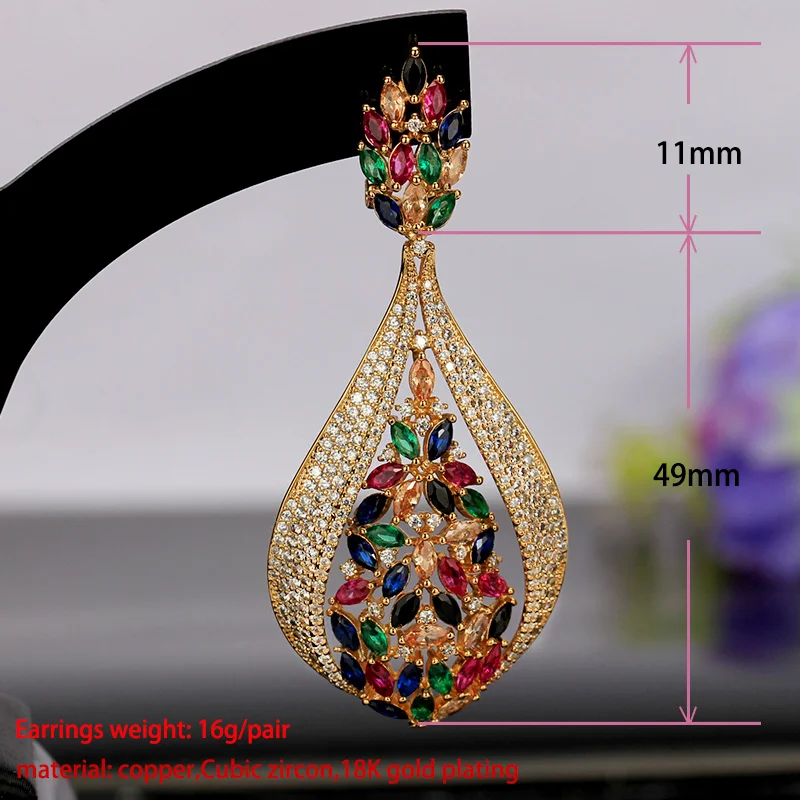 

Big Drop Earrings For Women Colorful Marquise Cubic Zircon Crystal Flower Earrings Antique Gold Color dubai Jewelry Wholesale