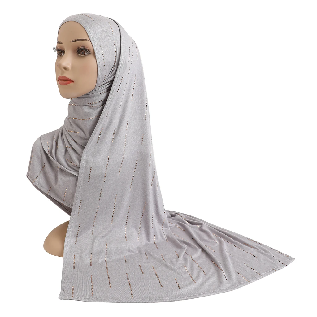 

H205 Cotton jersey Muslim long Scarf with rhinestones modal headscarf islamic Hijab wear arabic rectangular headwrap lady shawl