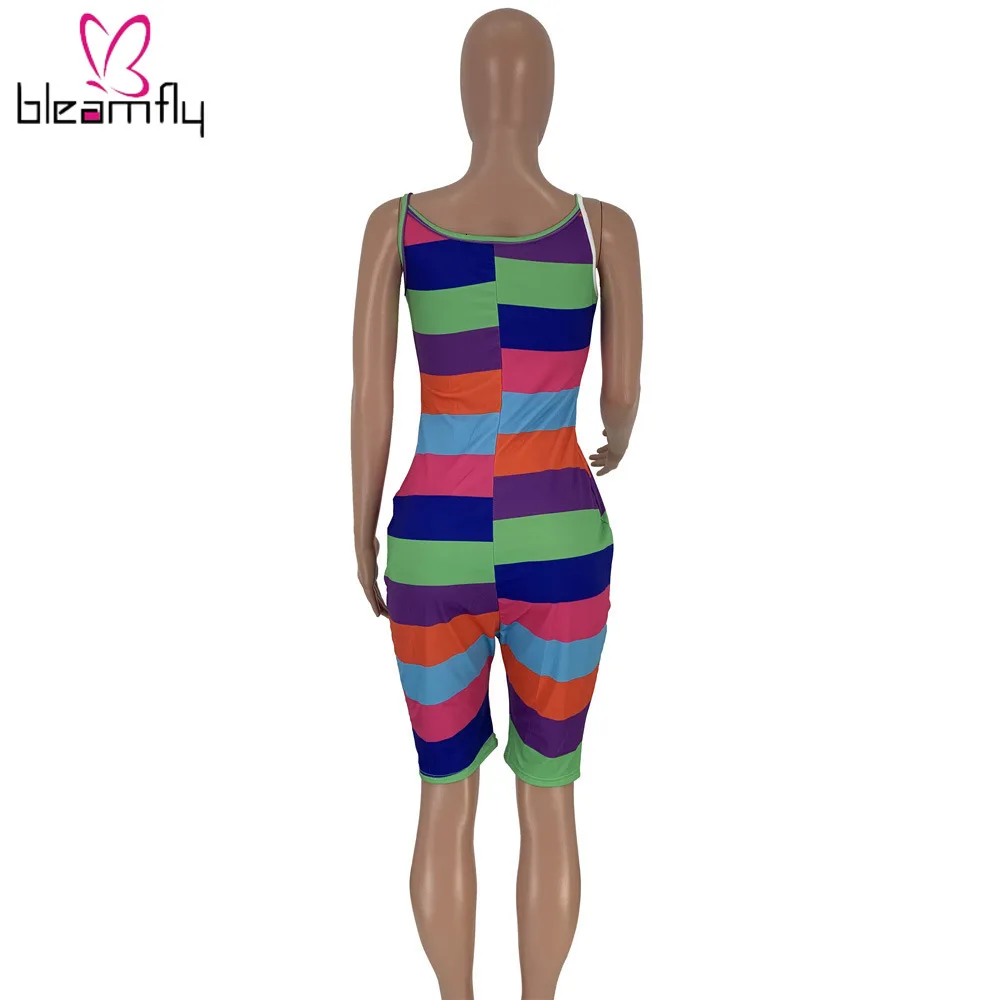 Женский Летний комбинезон на бретельках без рукавов в разноцветную полоску до