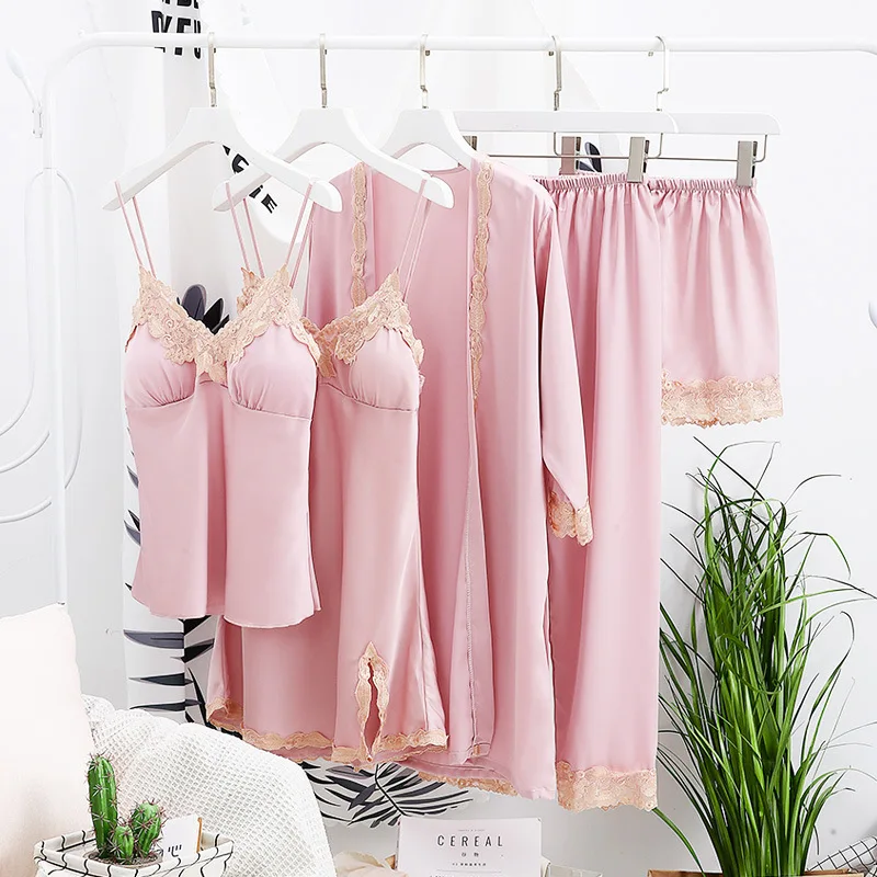 

2018 Women Satin Sleepwear 5 Pieces Pyjamas Sexy Lace Pajamas Sleep Lounge Pijama Silk Night Home Clothing Pajama Suit