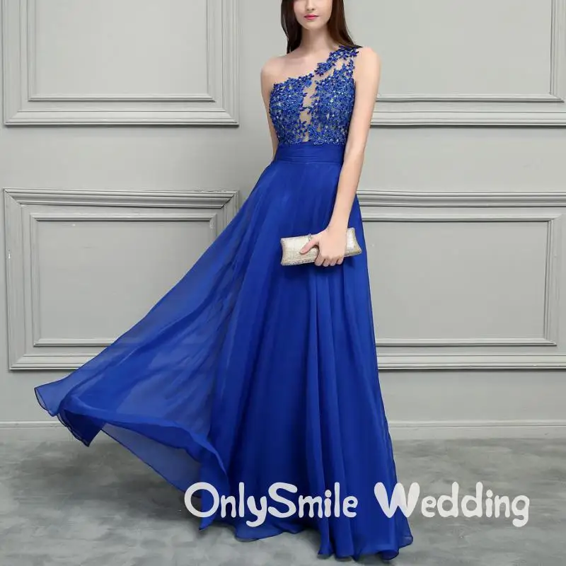 Ярко-синий шифон Длинные Выпускные платья 2019 одно плечо Кружева бисером