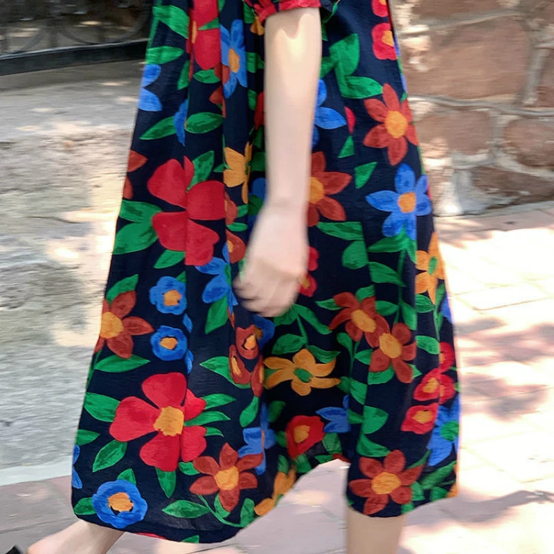 

Women Short Puff Sleeve Dress Floral Colorful Print Loose Oversize Summer Casual Dresses Vintage Retro O-neck Ulzzang All-match