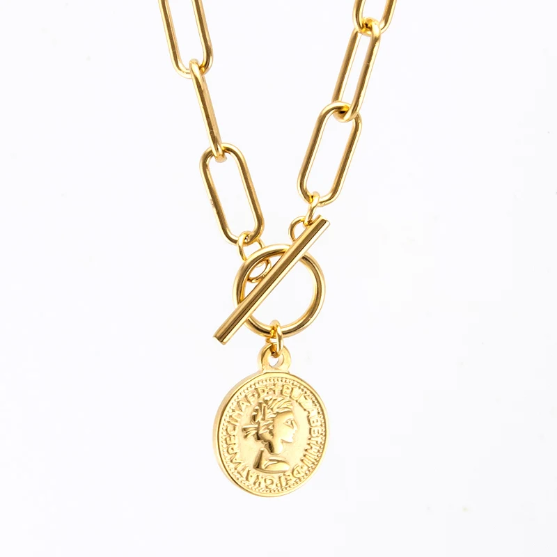 20mm Coin Gold Ожерелье из нержавеющей стали для женщин длинное O чокер тумблер ожерелье медальоны де мода ювелирные изделия в стиле "Бохо" колье подарок - Окраска металла: 20mm Coin Gold