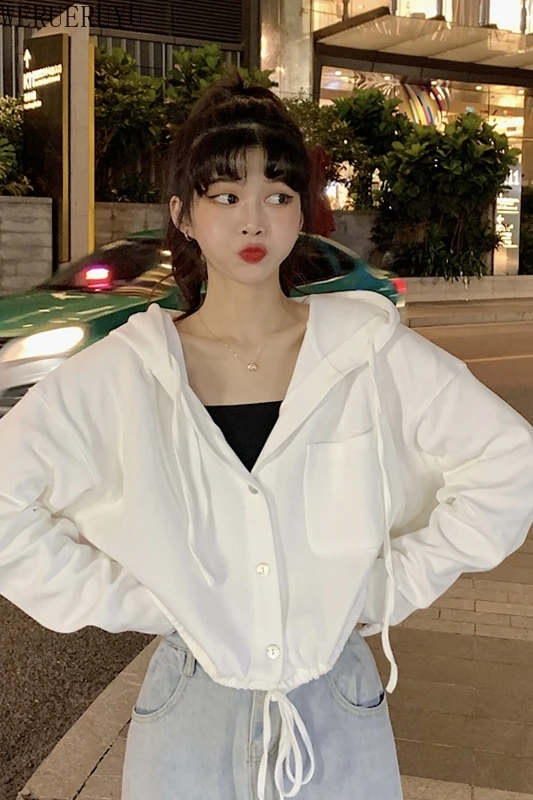 

WERUERUYU Women Spring Tops Drawstring Hooded Long Sleeve Hoodie Sweatshirts Zip Up Crop Casual Jacket Zipper Coat Outwear