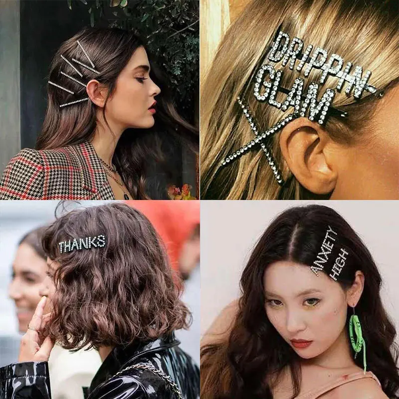 

2019 Rhinestone Girls Letter Hair Clips Hairpins Party Headwear Bling Crystal Barrette Fashion Hair Accessories for Women
