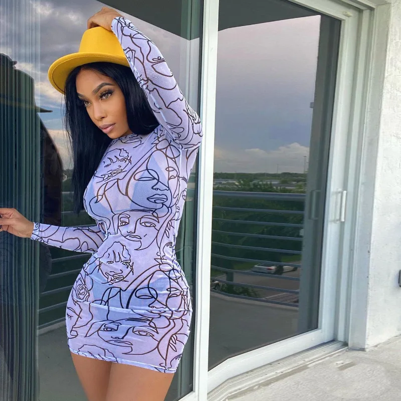 

Женское Сетчатое мини-платье с принтом, Осеннее винтажное прозрачное Бандажное платье с длинным рукавом, одежда для улицы