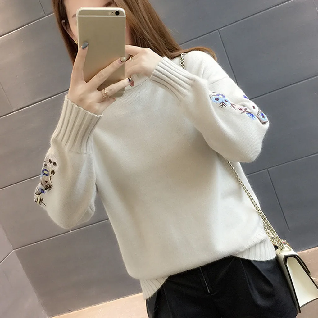 New Loose Thick Warm Winter Pullover Sweater Women Embroidery Jumper Half Turtleneck Long Sleeve Knit Yellow Sweater Female