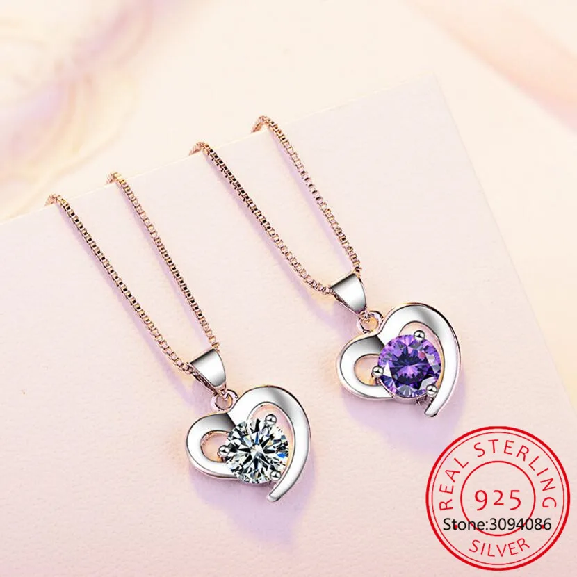 

925 Sterling Silver New Woman Fine Jewelry High Quality Purple Crystal Zirconia Simple Heart Pendant Necklace Length 45cm