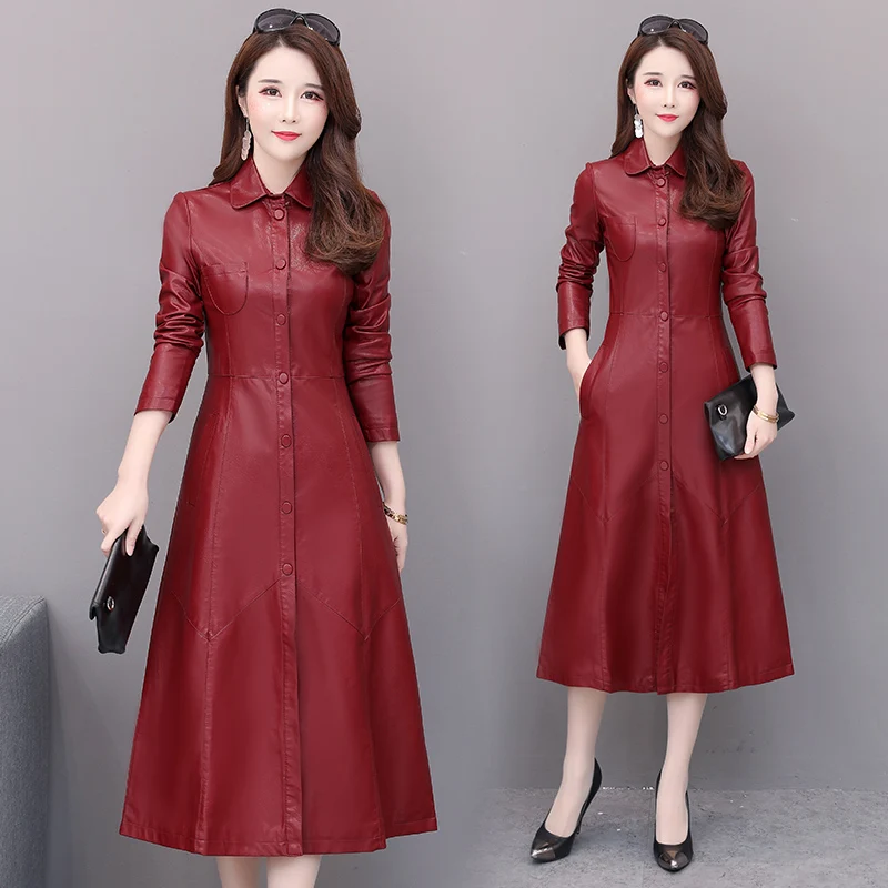 Spring coat ladies Pu leather Korean version long autumn fashion coat locomotive leather windbreaker faux leather slim black