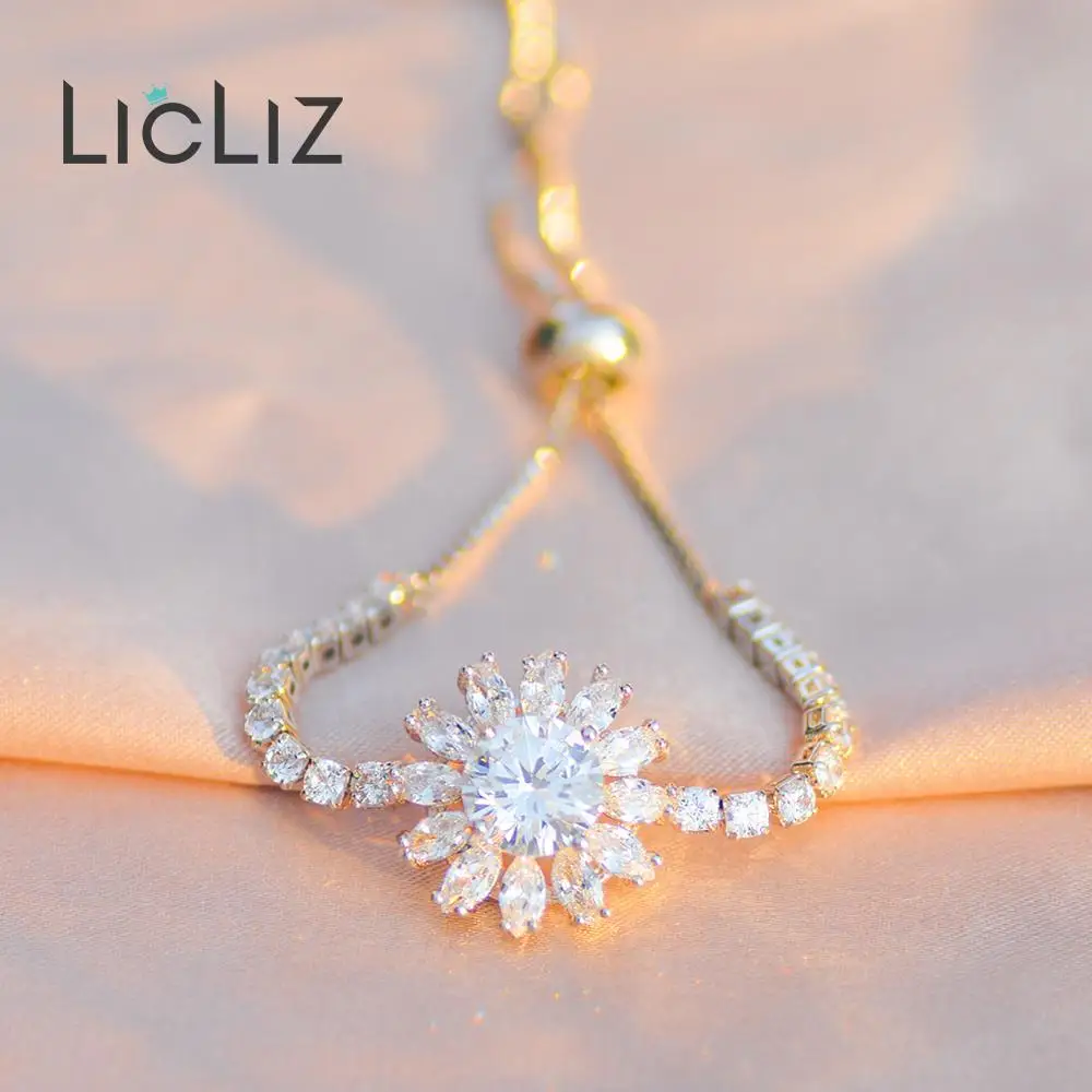 LicLiz,, модные, Роскошные, геометрические, цветочные, очаровательные, регулируемые браслеты для женщин, циркон, белое золото, коробка, цепь, ювелирное изделие, LUB0207