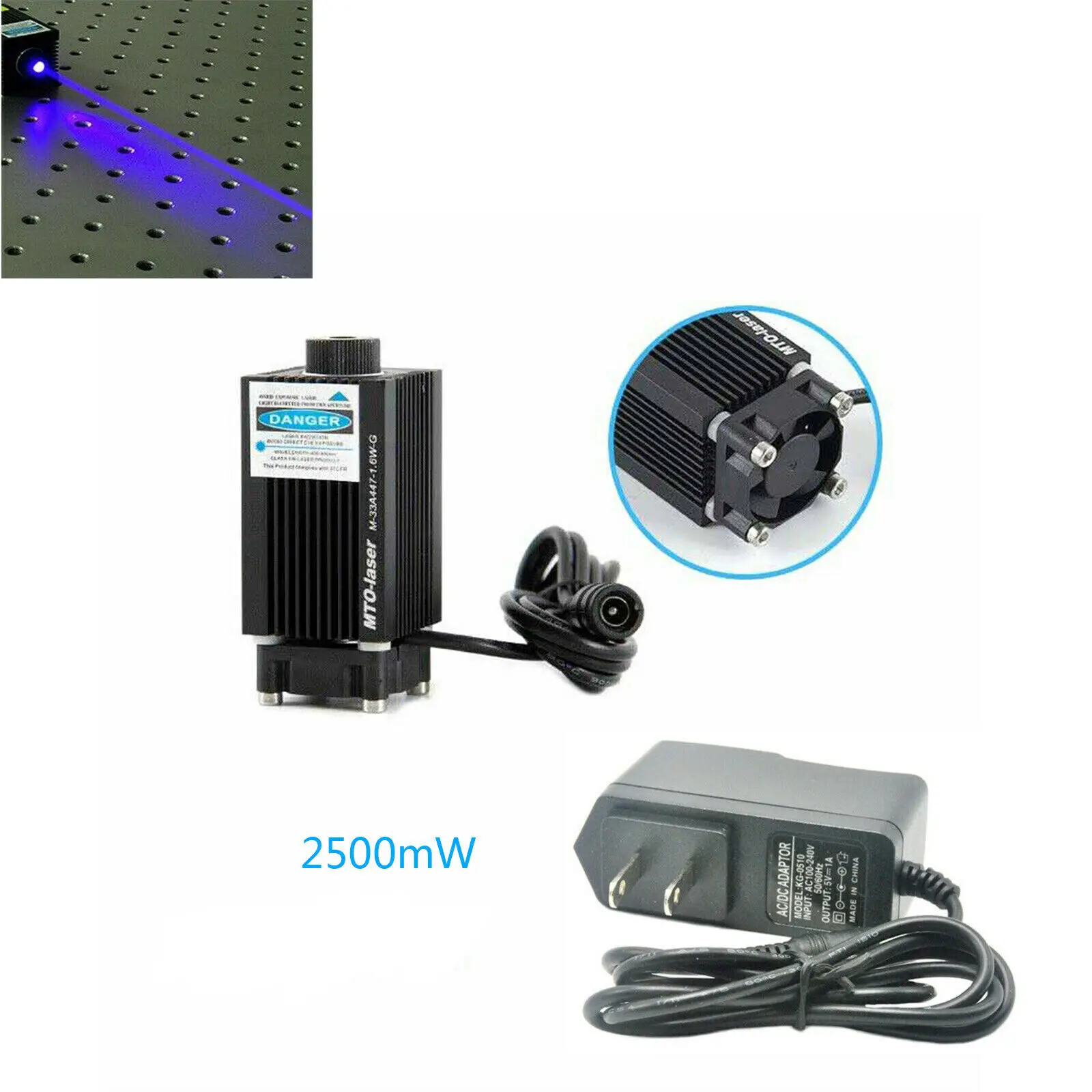 Blue 450nm 2500mW 2.5W Dot Laser Diode Module for Carving w/ 12V Adapter 33x55mm