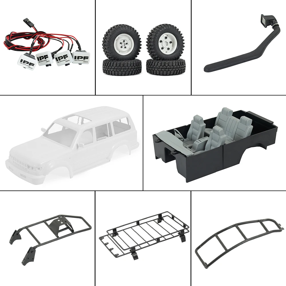 

LC80 Hard Body Mount Roof Rack Interior Tail Ladder Spare Wheel Carrier Snorkel LED Lamp for 1/10 RC Crawler SCX10 TRX4