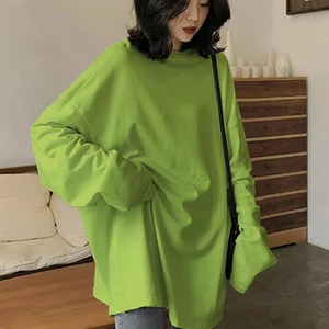 Футболка женская, белая, однотонная, с длинным рукавом, большого размера, в стиле Харадзюку, на осень, футболки кавай