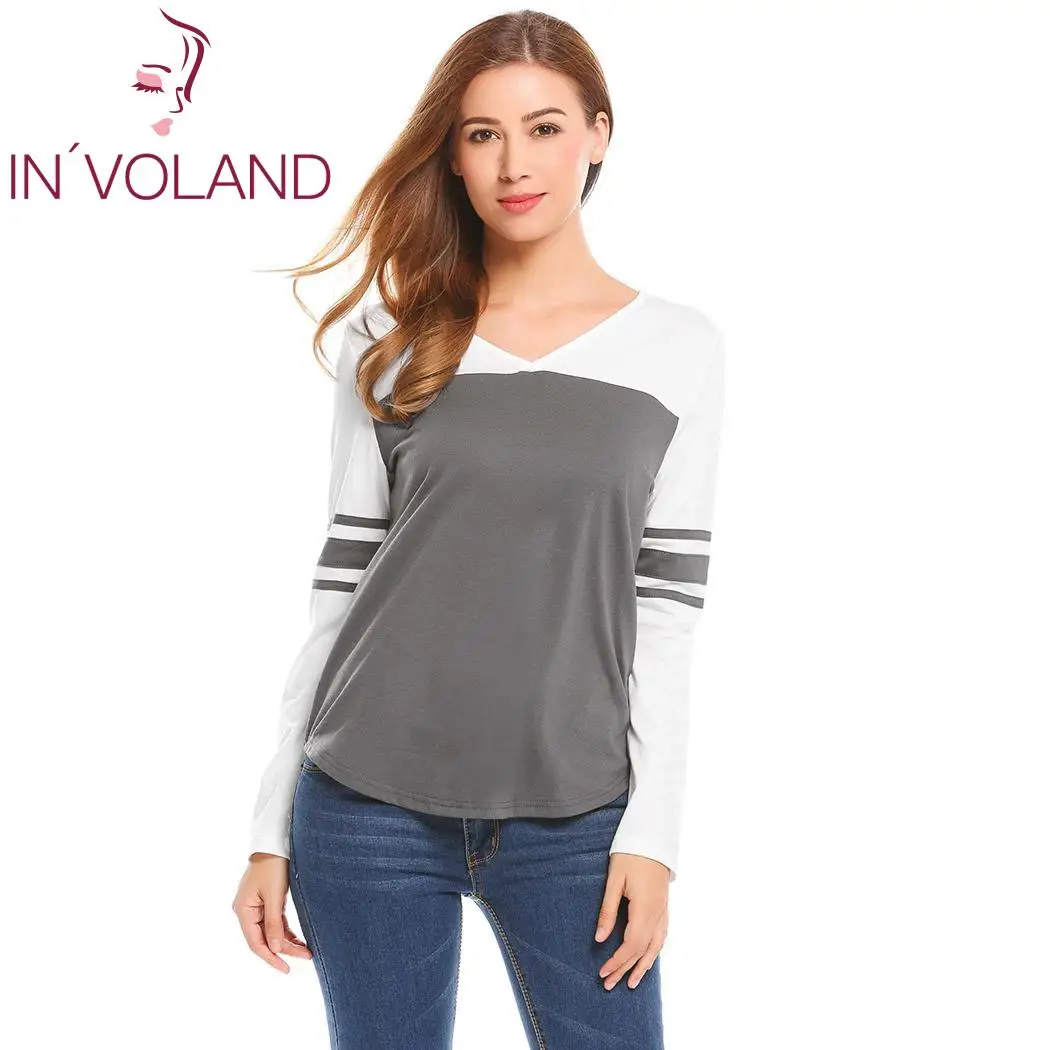 Женская Повседневная футболка с v-образным вырезом и длинным рукавом из кусков