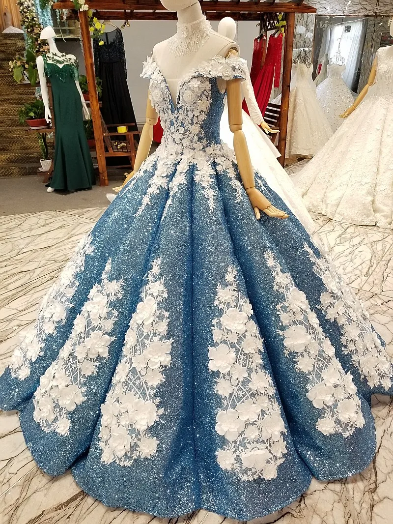 AnXin SH Luxury princess white rose flower blue lace beading pearls illusion boat neck glaring wedding dress 100% real photo