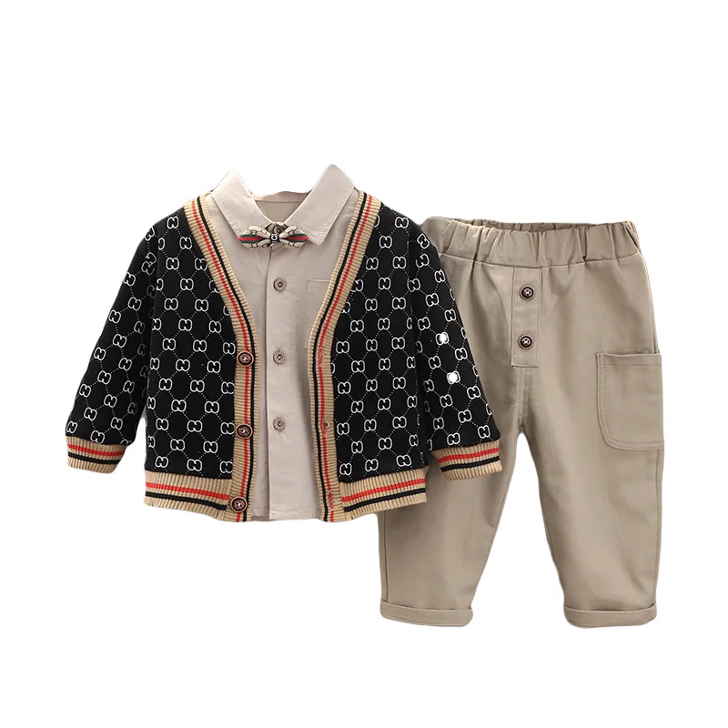 Ropa Infantil para ni&ntilde;o, traje de primavera para ni&ntilde;o peque&ntilde;o, ropa de primavera y oto&ntilde;o para beb&eacute;, c&aacute;rdigan de punto guapo, traje de tres piezas-4