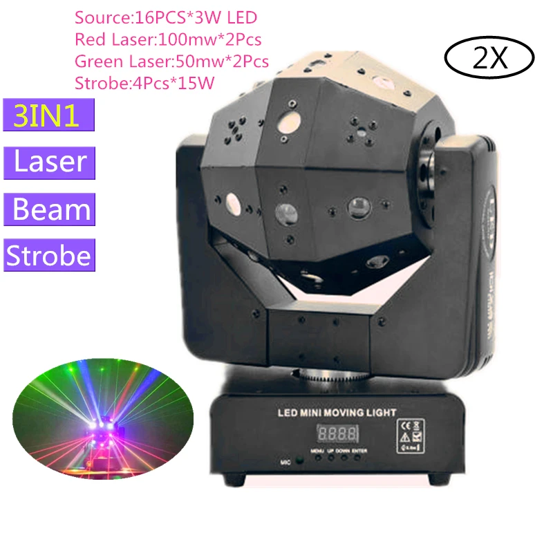 

Светодиодный прожектор с движущейся головкой, стробоскоп, луч и лазер 3 в 1, профессиональный сценический эффект DMX512 для бара, диджея, дискотеки, шоу, 2 шт./лот 16x3 Вт