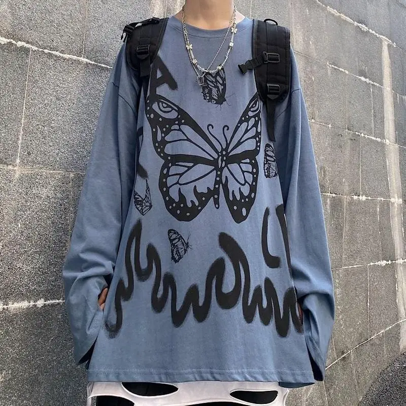 

T-shirt Men's And Women's 2021 Fashion In Korean Dark Wind High Street Butterfly Print Personalized Long Sleeve Harajuku Goth