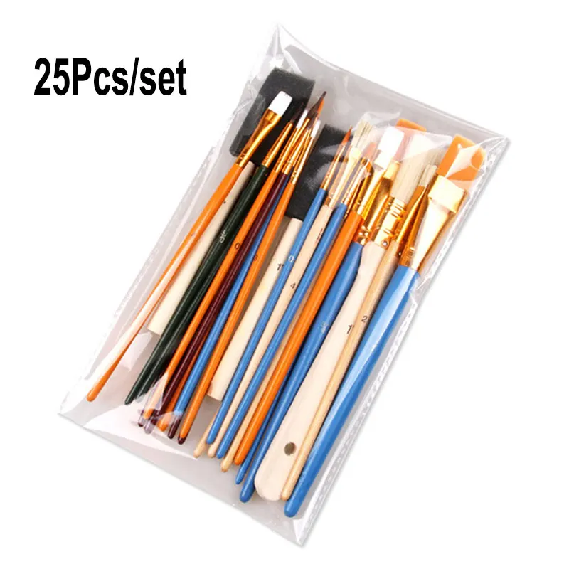 

25Pcs/Set Nylon Hair Painting Brush For Artist Acrylic Oil Watercolor Gouache Wooden Handle Art Drawing Pen Paint Brushes Supply