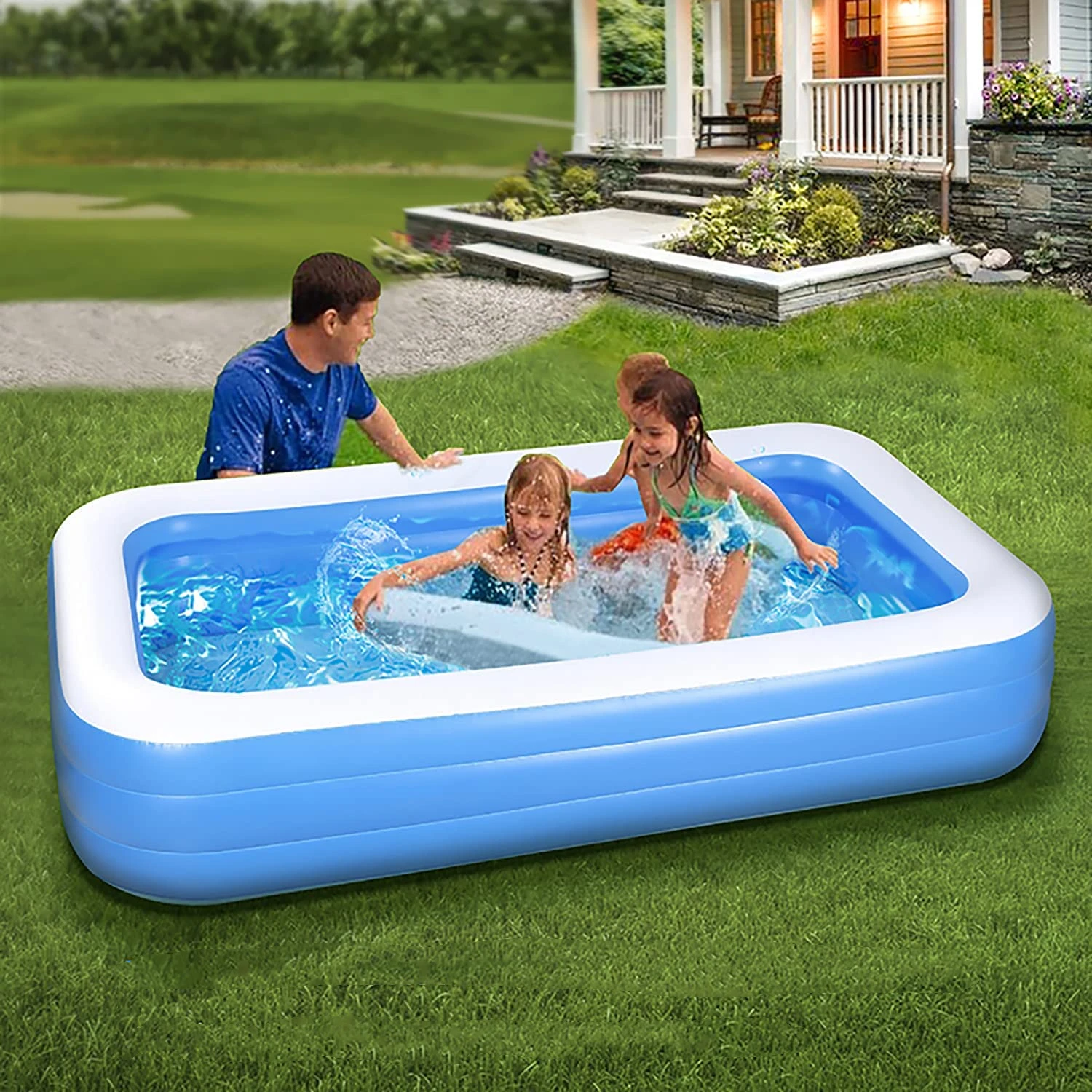 

40/70/100/140 Inch Rectangular Inflatable Swimming Pool With Inflator FoldBubble Above Ground Blow Up Pool for Family Kids Adult