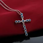 Модный очароватеьлный с 925 Серебряное ожерелье для женщин с украшением в виде синих кристаллов и подвеска с крестом подарки на день рождения классические свадебные вечерние ювелирные изделия