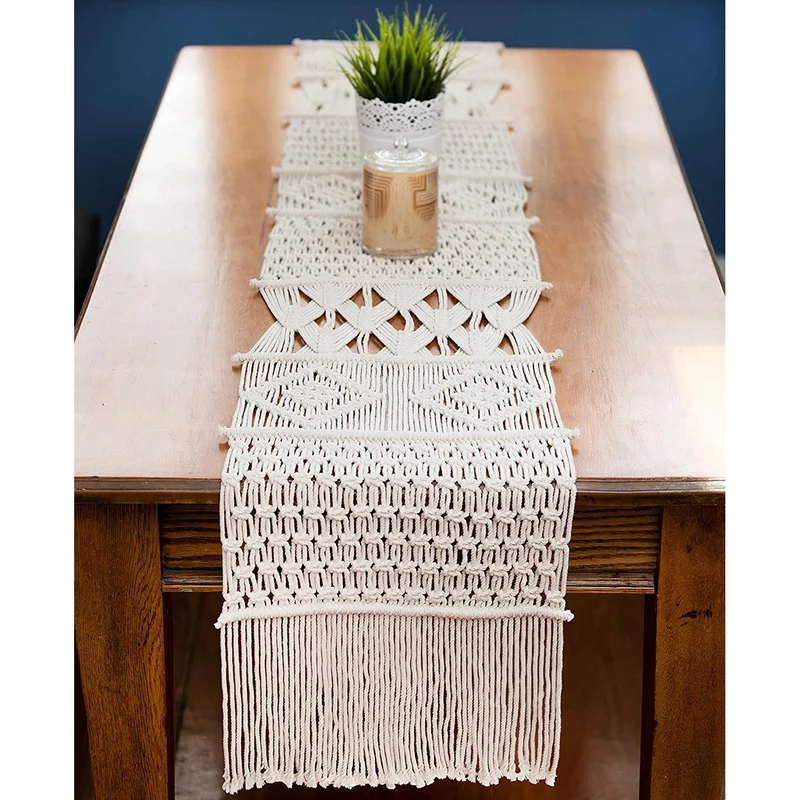 Camino de mesa de macramé, Decoración de mesa de boda, decoración de estilo bohemio de granja Vintage tejida a mano para comedor