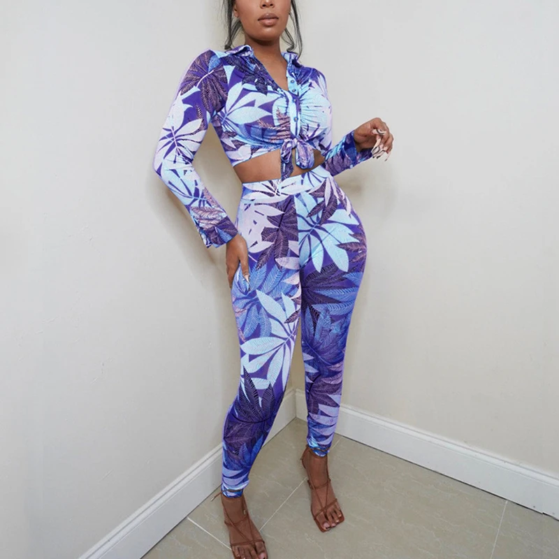

Casual Two Piece set Tropical Printed Slim Suits Long Sleeve Front knot Button Up Shirt & Pants Set