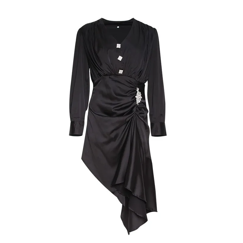 

VGH Ruched Patchwork Diamond Dress For Women V Neck Long Sleeve High Waist Irregular Hem Sexy Dresses Female 2020 Fashion Tide