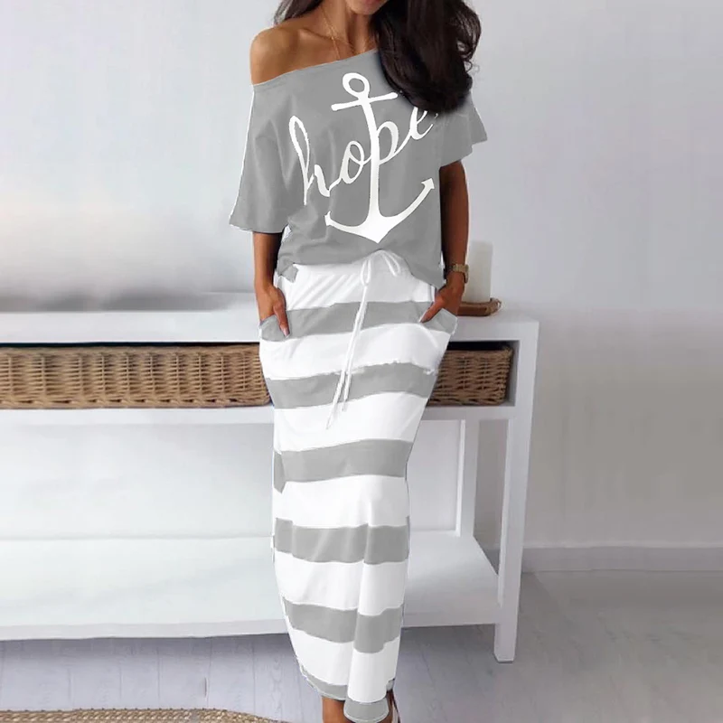 01 Gray Set Dress VIEUNSTA S-5XL, Женский Топ с открытыми плечами и юбка, комплект из двух предметов, платье, осенняя блузка с рукавами летучая мышь, рубашка, Полосатое платье с карманами и принтом - Цвет: 01 Gray Set Dress