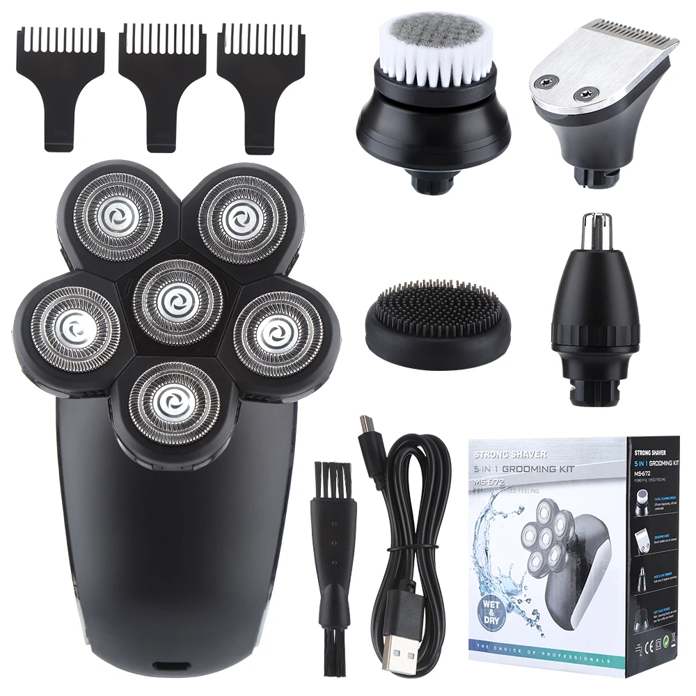 

5 In 1 4D Men's Rechargeable Bald Head Electric Shaver 6 Floating Heads Beard Nose Ear Hair Trimmer Razor Clipper Facial Brush