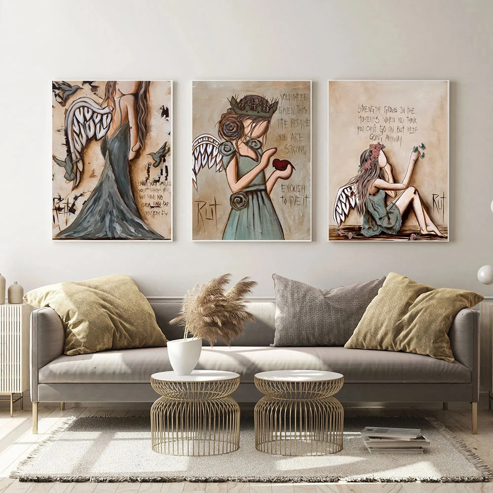 Плакаты на холсте с ангельскими крыльями и девушками винтажные настенные