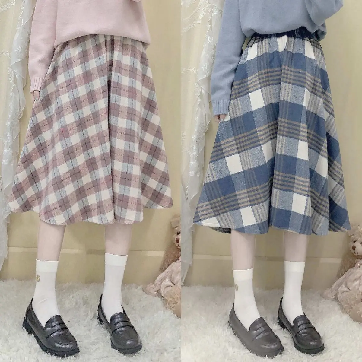 

Japanese Cute Woolen Plaid Short Skirt Women Thicken Autumn Winter New Pink Mini Skirts Chic Student Loose Elastic Waist Skirts
