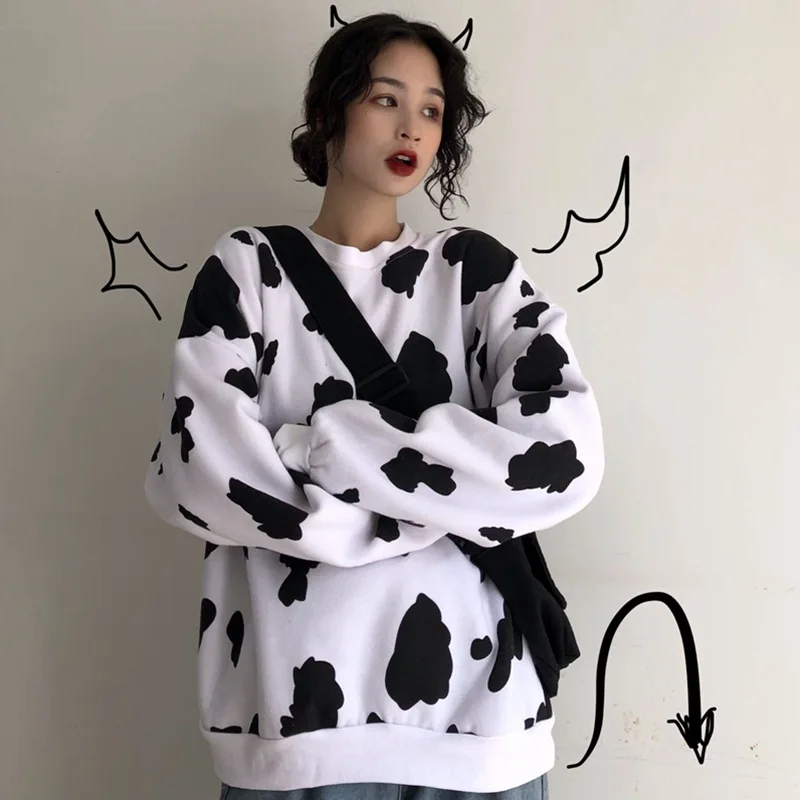 

Cow Round Neck Pullover Sweater Ladies Lengthened Thickened Plus Velvet Cute Girly Style Loose Lazy Wind Jacket Top Ins Tide