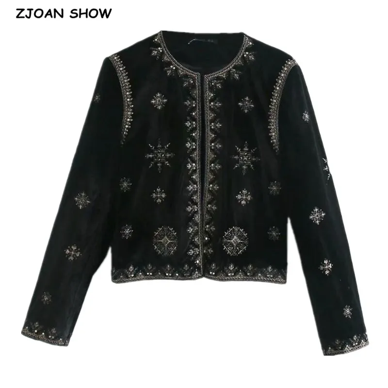 

2021 Spring Beading Sequins Embroidery Velvet Jacket Ethnic Women Round Collar Open Stitching Coat Black Outerwear