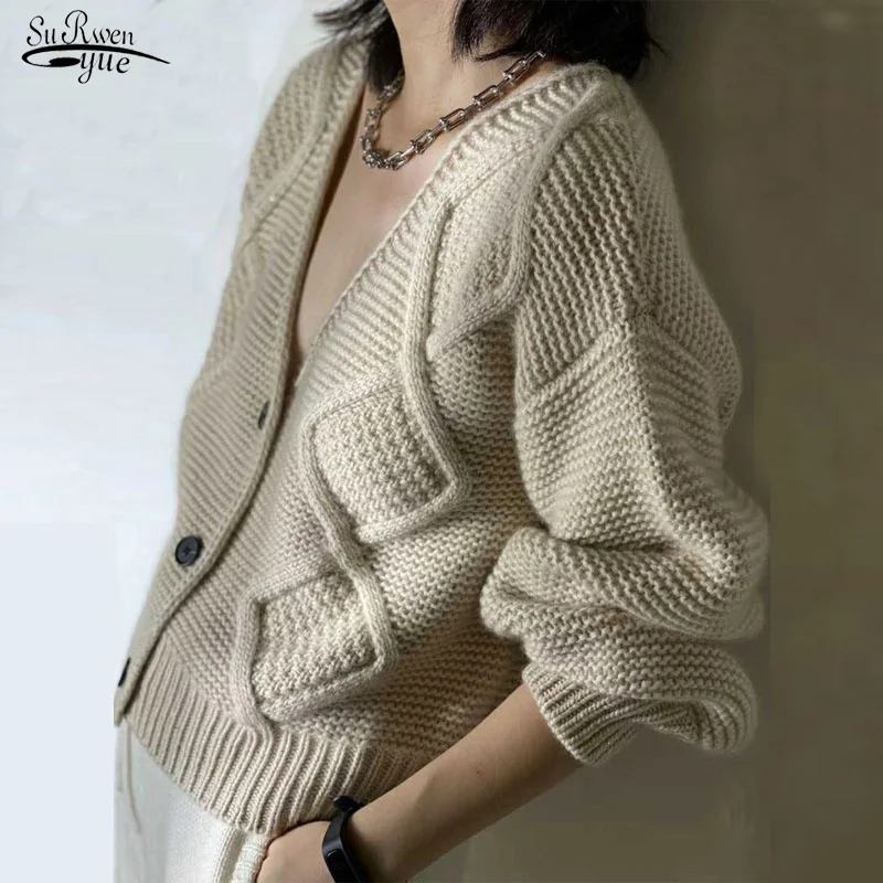 

Autumn Winter New 2021 Korean Vintage Lantern Sleeve Thicken V-neck Loose Sweater Soft Cashmere Cardigans Women Sweaters 17349