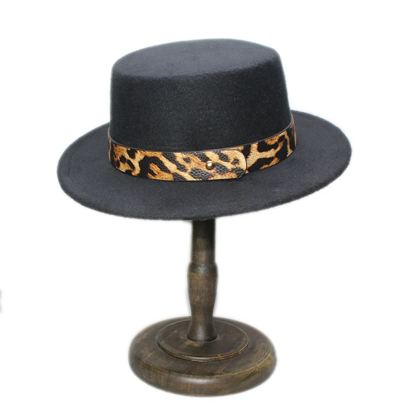 

Retro Women Men /Kid Child Wool Felt Fedora Flat Dome Oval Top Cap Bowler Porkpie Pork-pie Hat Wide Leopard Print Band (54/57cm