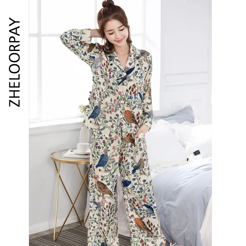 

Spring Women Sexy Satin Long Sleeves Pajamas Turn-down Collar Magpie Printing Sleepwear Wide-Leg Home Wear 2 Piece Home Clothes