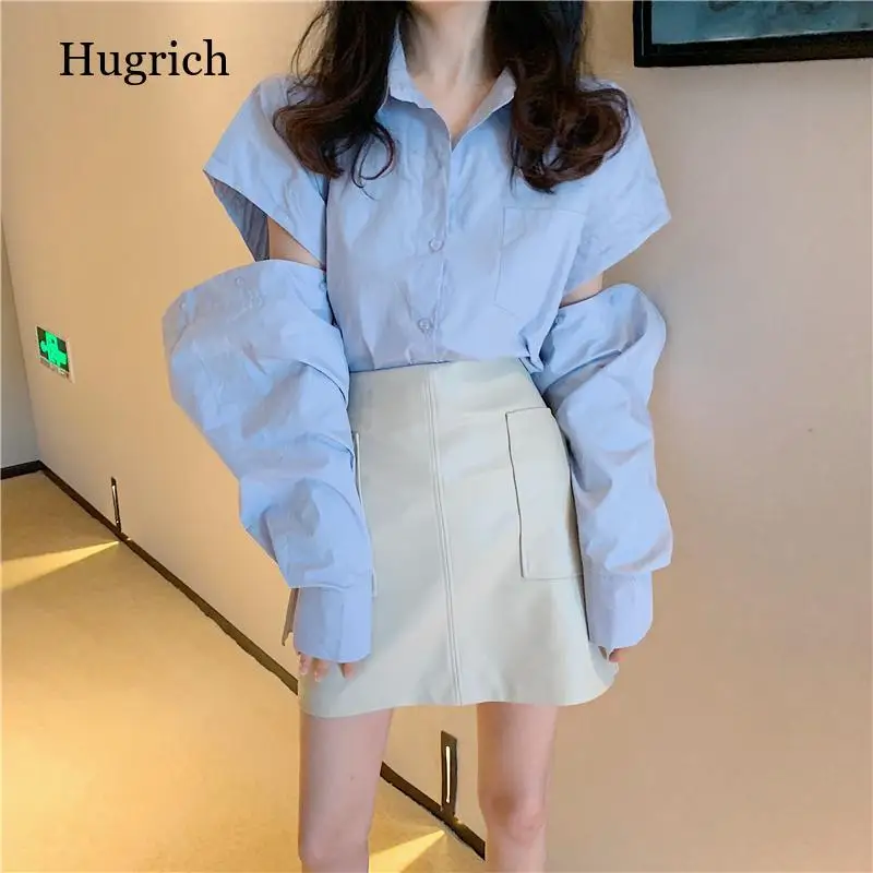 

2021 Spring Long Sleeved Hole Design Blue Casual Lady Blouse Korean Style Turn-down Collar Oversized Ladies Shirt Chemise