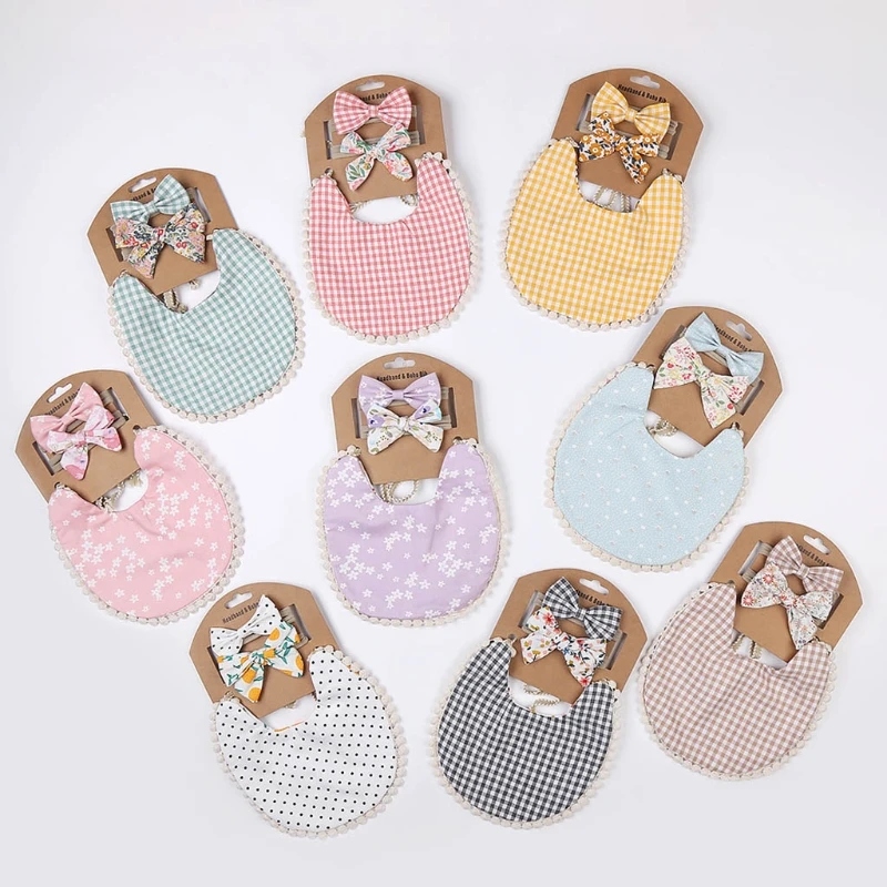 

2 Pcs Baby Headbands+ 1 Pc Tassel Saliva Towel Kit Newborn Floral Print Double Side Bibs Bandana Burp Cloths Feeding Smock 97BC