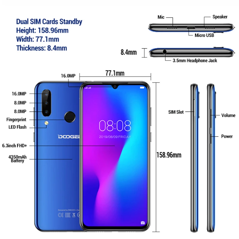 DOOGEE N20, новинка, смартфон, 6,3 дюймов, FHD+ дисплей, 4350 мАч, 4 Гб+ 64 ГБ, четыре ядра, 10 Вт, зарядка, отпечаток пальца, 16 МП, тройная задняя камера