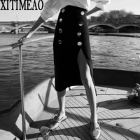za new spring autumn vintage black skirt women high waist package hip pencil front split skirts xitimeao