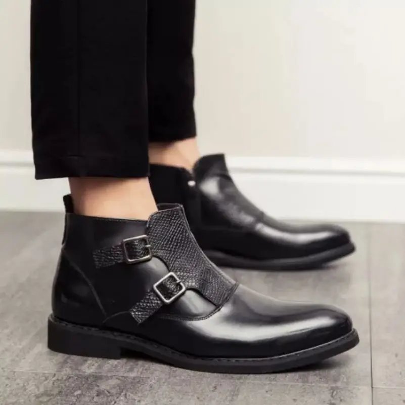 

New Fashion Men High Quality PU Leather Overshoes Business Dress Boots Double Buckle Monk Boots Classic British Style XM449