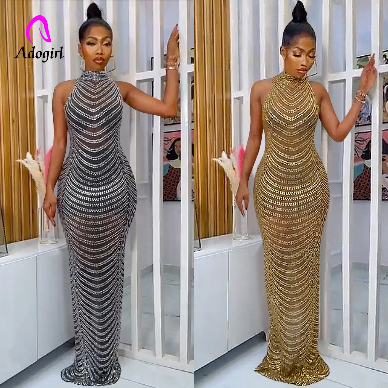 

Женское длинное прозрачное платье-макси с высоким воротником, без рукавов