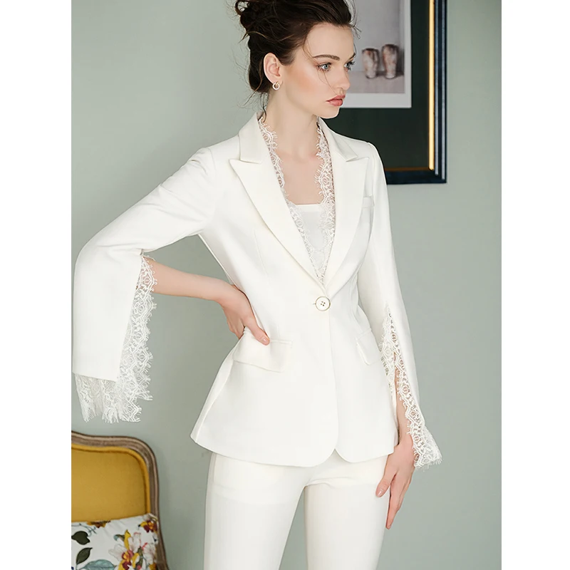 

HarleyFashion Women Luxury European Lady Twin Sets White Lace Blazer Slim Pants Quality OL Work Suits