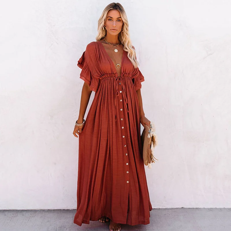 

Sexy See Through Maxi Dress For Women Deep V Neck Backless White Cotton Boho Summer Ruffles 2021 beach Bikini Cover Up