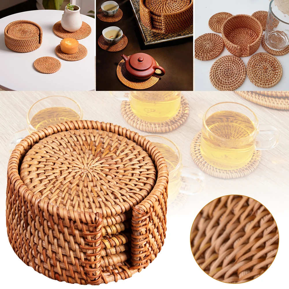 

Набор креативных подставок для напитков, 6 шт., для чая кунг-фу, круглая подставка из искусственного ротанга, тканые подставки под послеобеде...