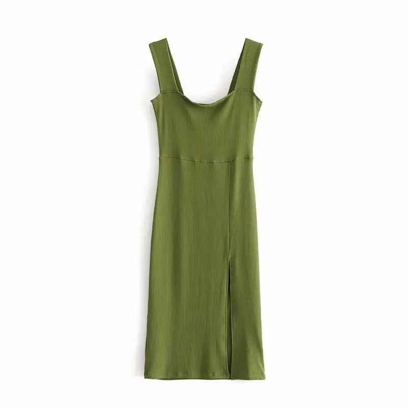 

Knee-Length Dress Knitted Elastic Sleeveless Bodycon Elegant Women Summer Sexy Spaghetti Strape Dress Party Slim Split Dresses