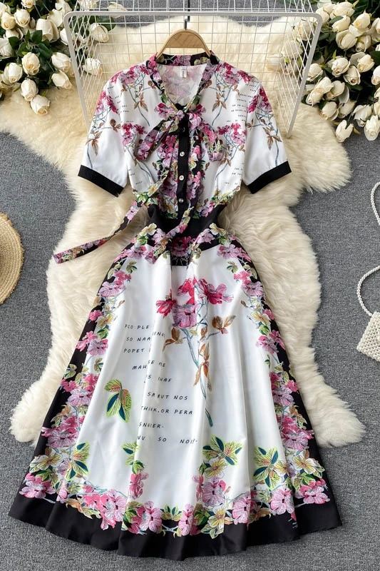 

Vintage Floral Print Midi Long Dress Women Boho Short Sleeve Bow Collar Hit Color Flower Dress Female Casual Shirt Dresses